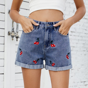 Women's versatile cherry embroidered denim shorts and hot pants