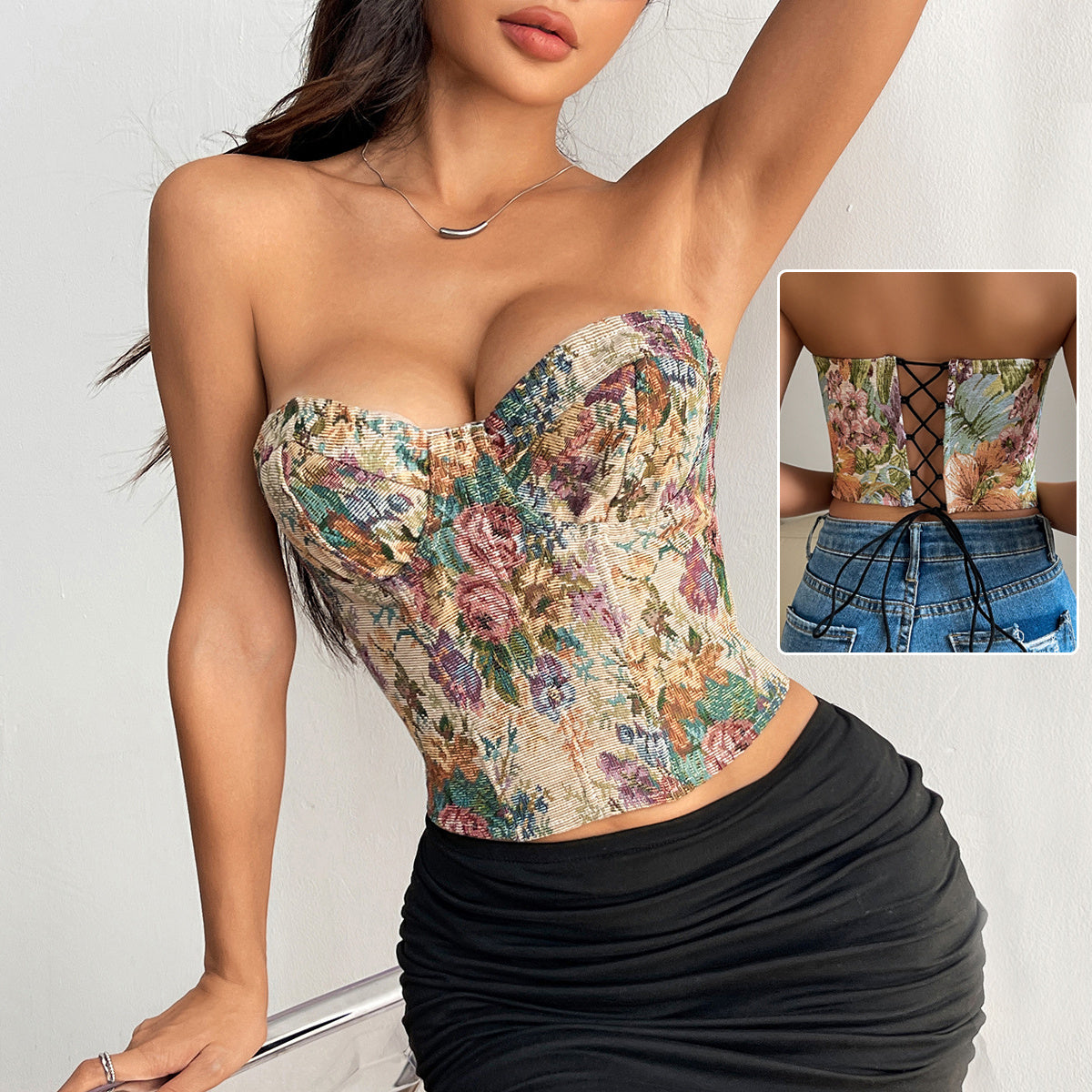 Y2K Floral Print Tube Vest Top With Back-tied Design INS Fashion Crop Corset Tank For Women Clothing - JW Store