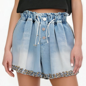 Casual Blue Diamond Studded Bead High Waist Wide Leg Denim Shorts Women's Drawstring Short Pant Spring Summer