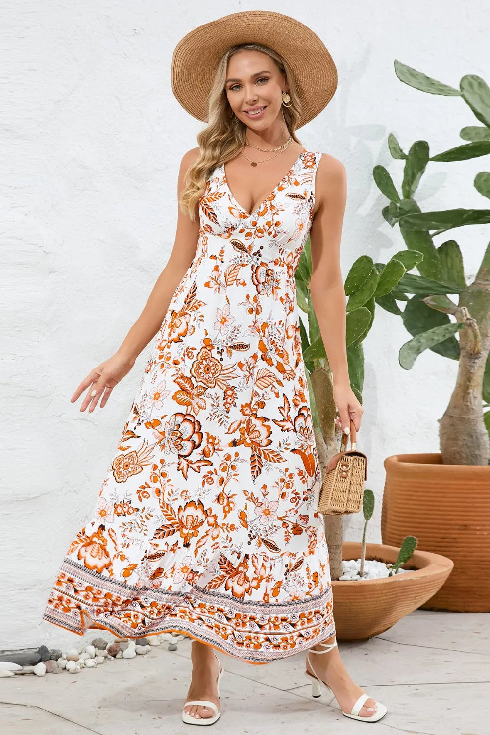 Printed V-Neck Wide Strap Dress eprolo
