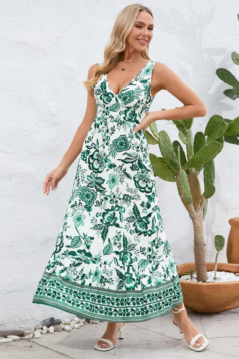 Printed V-Neck Wide Strap Dress eprolo