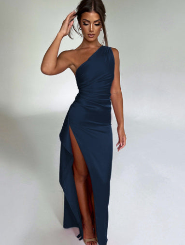 Sexy One-shoulder Backless Slit Dress Summer Elegant Slim-fit Solid Color Satin Dresses For Women - JW Store