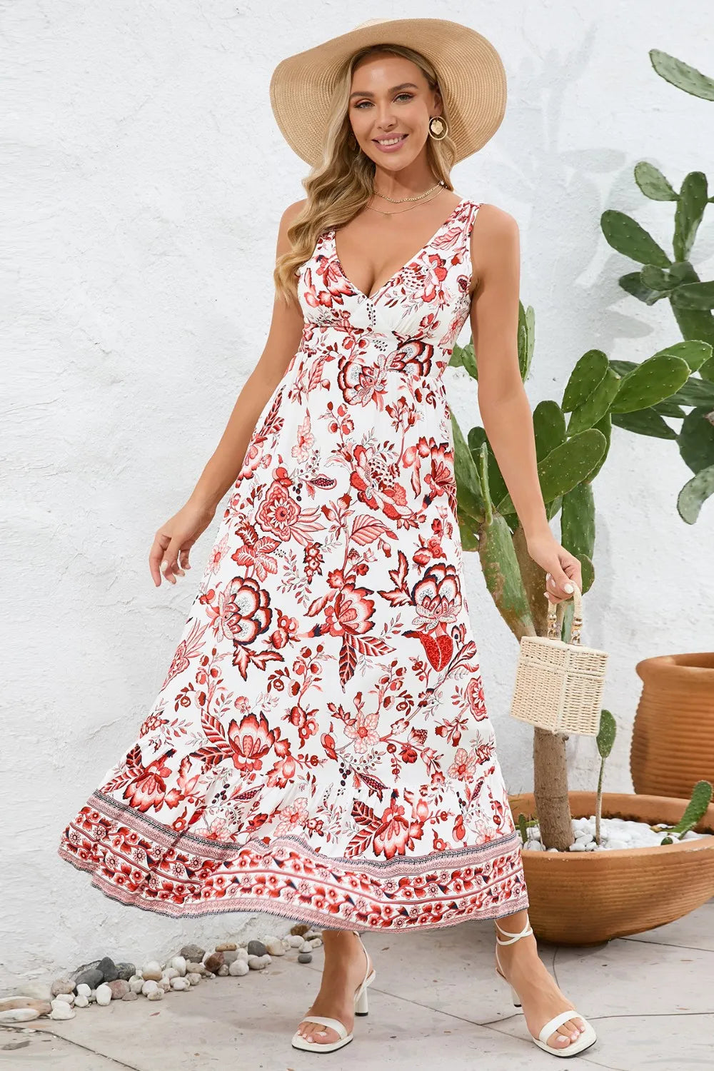 Printed V-Neck Wide Strap Dress eprolo