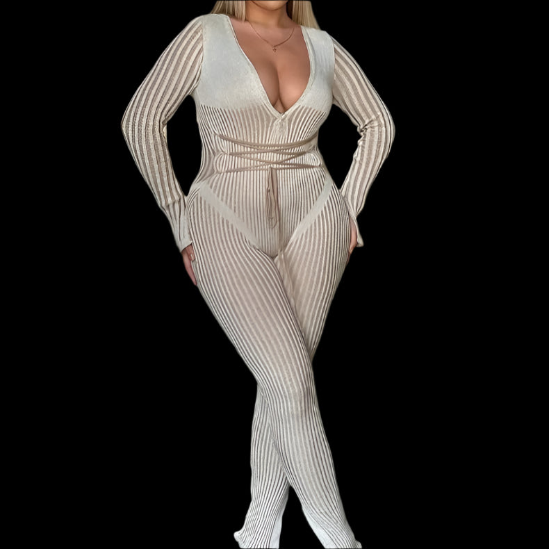 New Women's Sexy Deep V-neck Striped Tied Long Sleeves Jumpsuit - JW Store