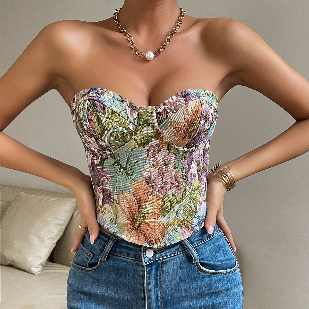 Y2K Floral Print Tube Vest Top With Back-tied Design INS Fashion Crop Corset Tank For Women Clothing - JW Store